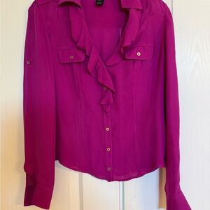 White House Black Market Magenta Silk Ruffle Blouse